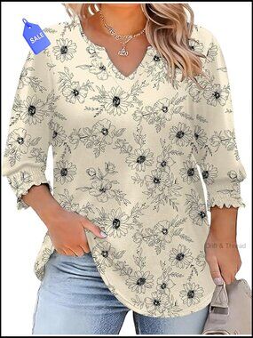Plus Size 3/4 Sleeve V Neck Tunic Top Loose Fit Casual Blouse